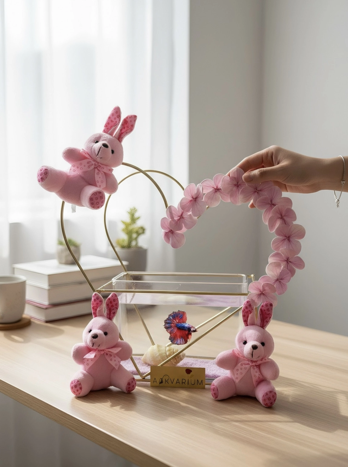 3 Peluş Ayıcıklı Pembe Ortancalı Demir Kalp Askvarium