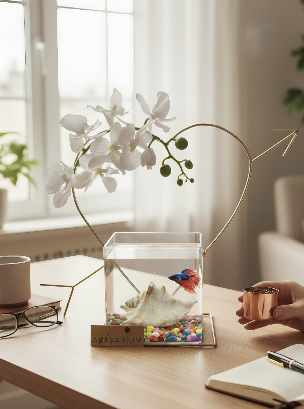 Beyaz Orkideli Oklu Premium Demir Kalp Askvarium