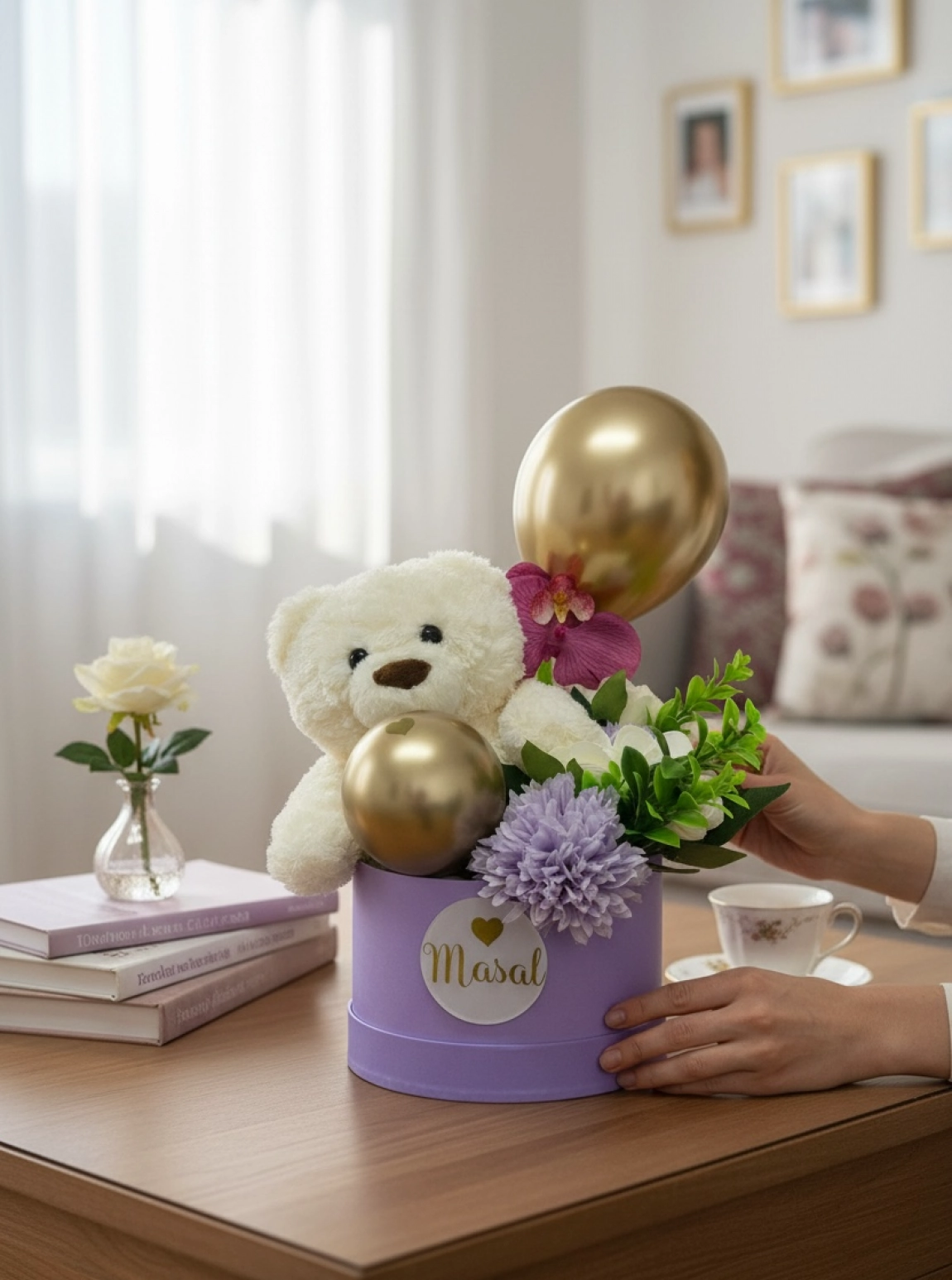 Gold Balonlu Kutu Çiçek