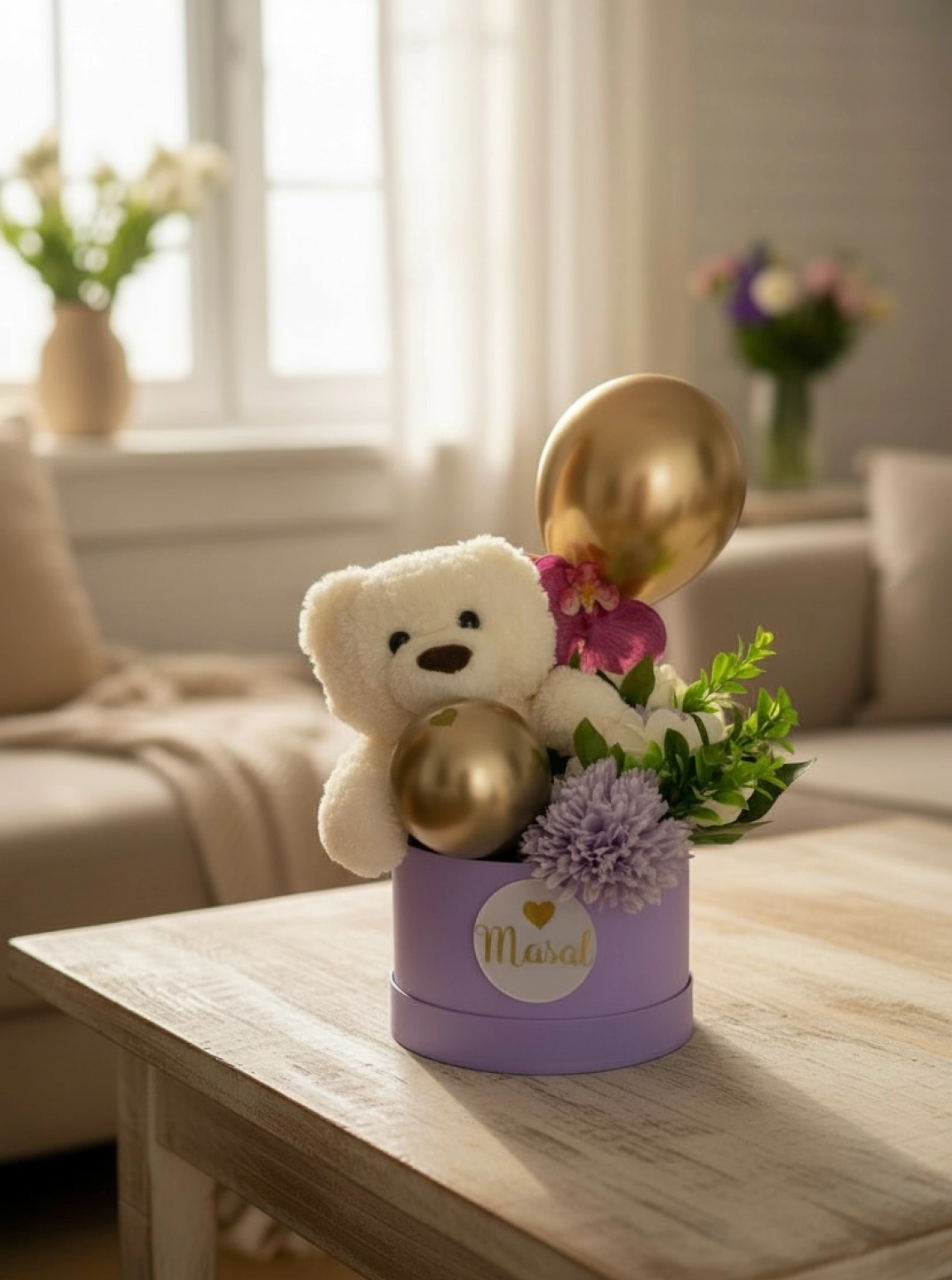 Gold Balonlu Kutu Çiçek