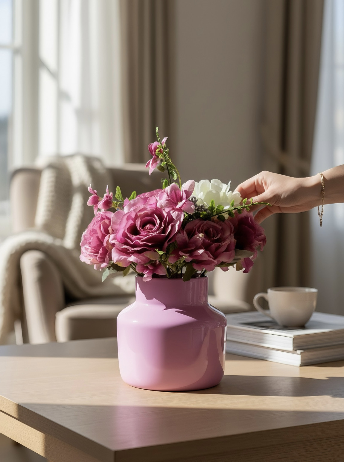 Pembe Cam Vazoda 8 Büyük Bozulmayan Gül Ve Beyaz Ortanca Aranjmanı