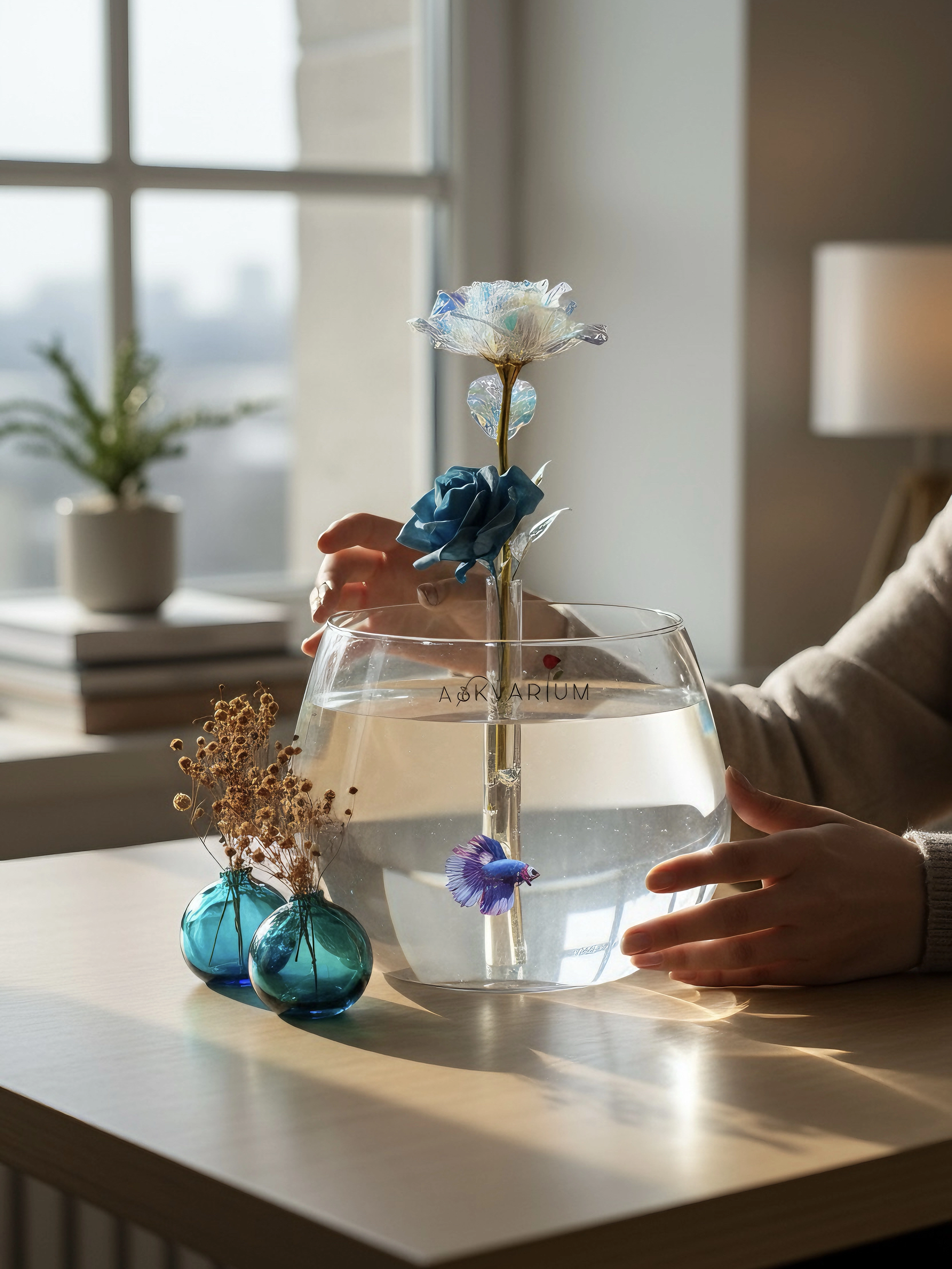 Spesi İkili Mini Vazo Hediyeli Mavi Gül Cam Fanus