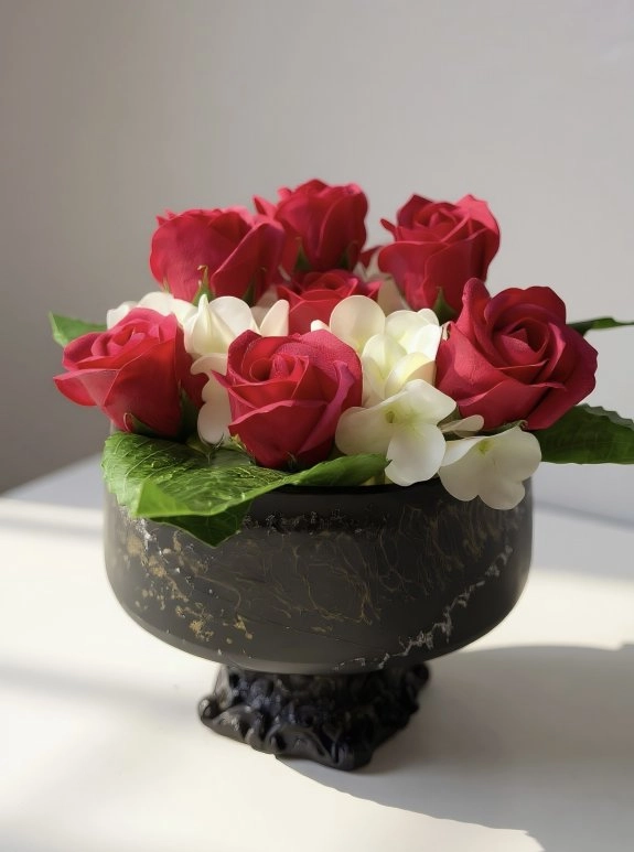 11 Kırmızı Gül Ve Beyaz Ortanca İle Siyah Premium Vazoda Aranjman