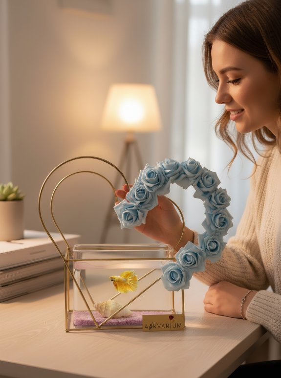 11 Mavi Güllü Demir Kalp Askvarium