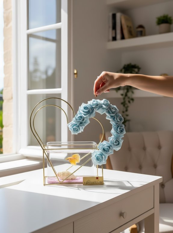 11 Mavi Güllü Demir Kalp Askvarium