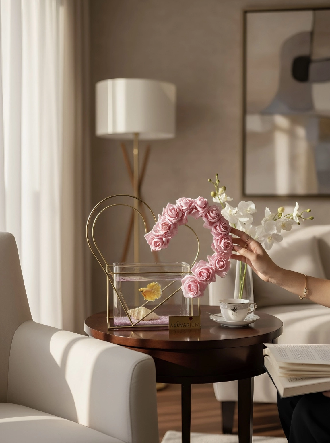 11 Pembe Güllü Demir Kalp Askvarium