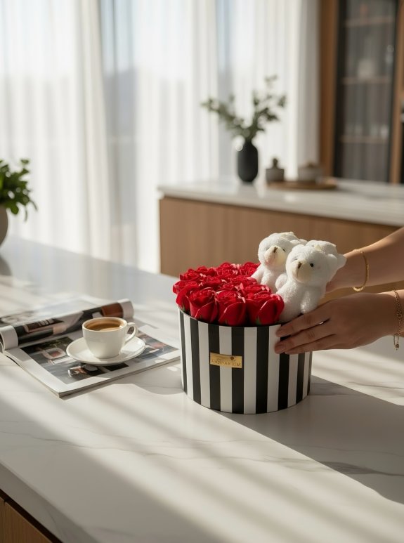 14 Kokulu Kırmızı Gül Ve 4 Peluş Ayıcıklı Lons Aranjman