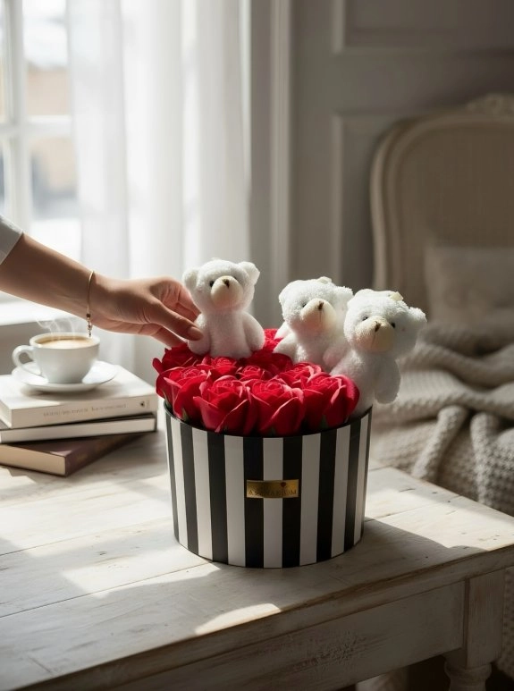 14 Kokulu Kırmızı Gül Ve 4 Peluş Ayıcıklı Lons Aranjman