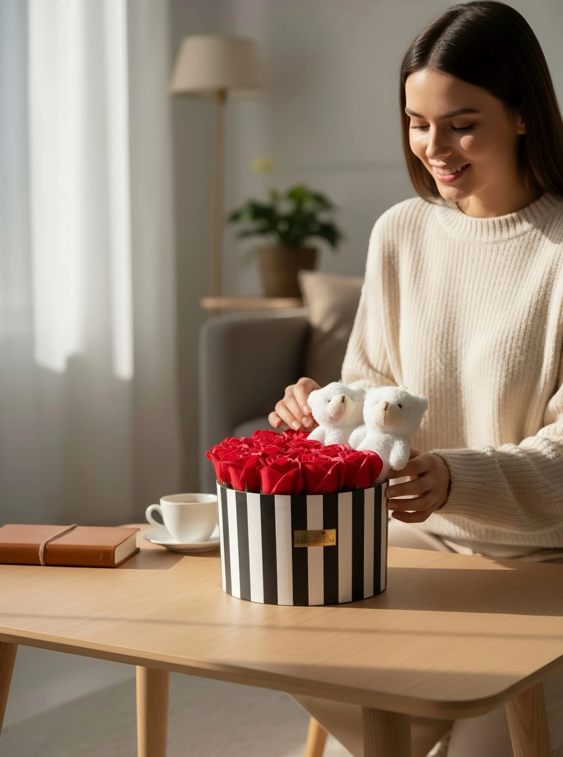 14 Kokulu Kırmızı Gül Ve 4 Peluş Ayıcıklı Lons Aranjman