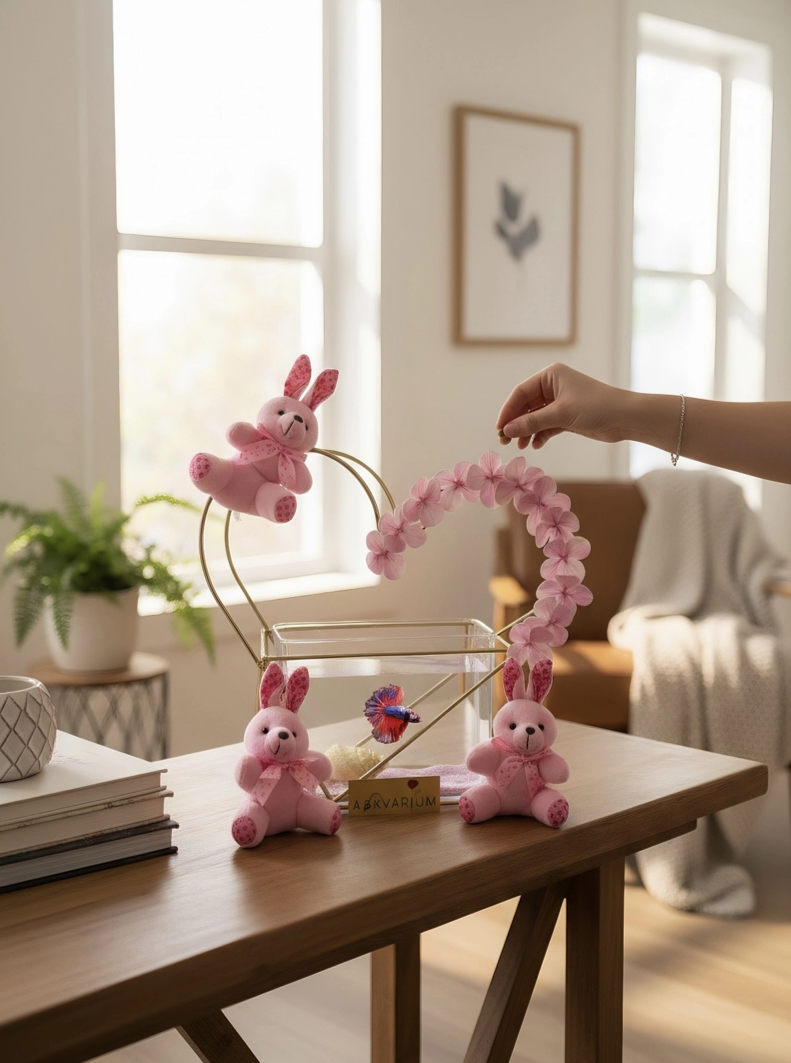 3 Peluş Ayıcıklı Pembe Ortancalı Demir Kalp Askvarium