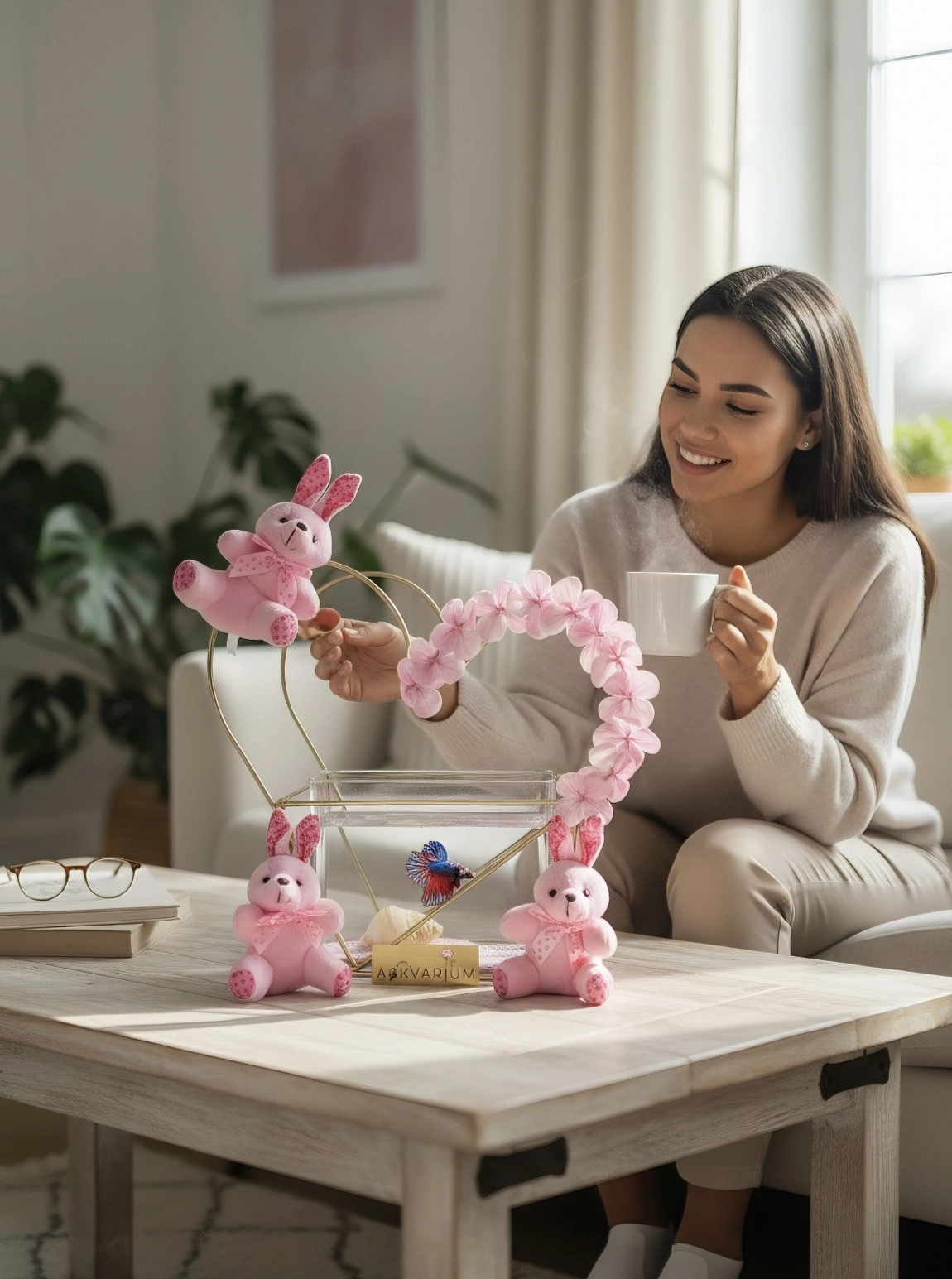 3 Peluş Ayıcıklı Pembe Ortancalı Demir Kalp Askvarium