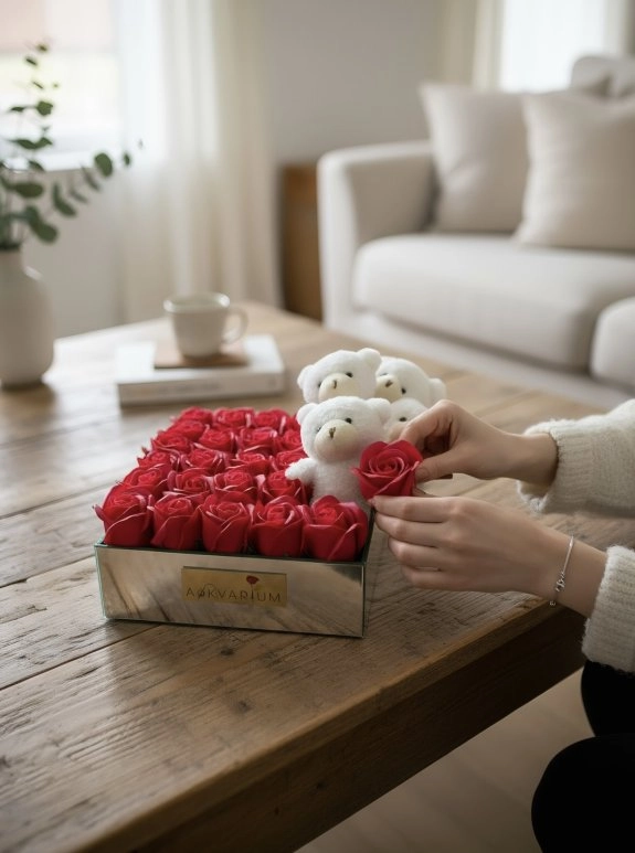 Ayna Kutuda 21 Kokulu Kırmızı Gül Ve 4 Peluş Ayıcık Loney Aranjman