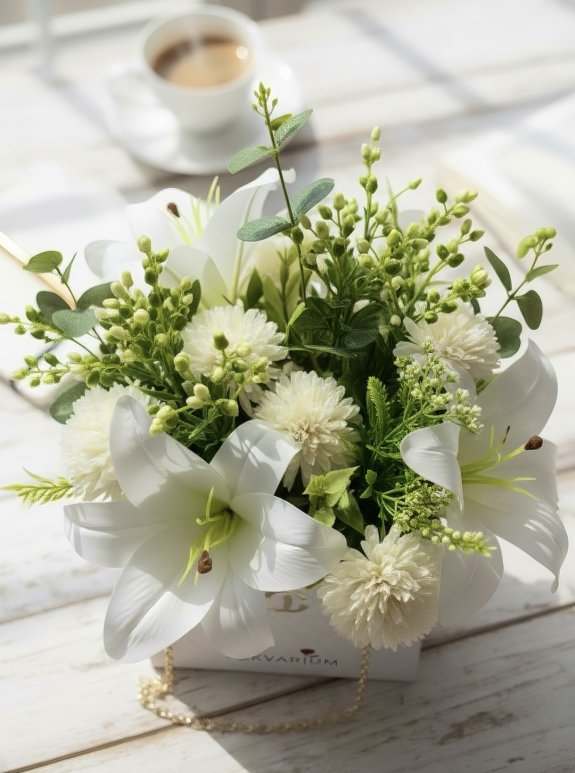 Çantada Beyaz Lilyum Ve Krem Çiçek Aranjmanı