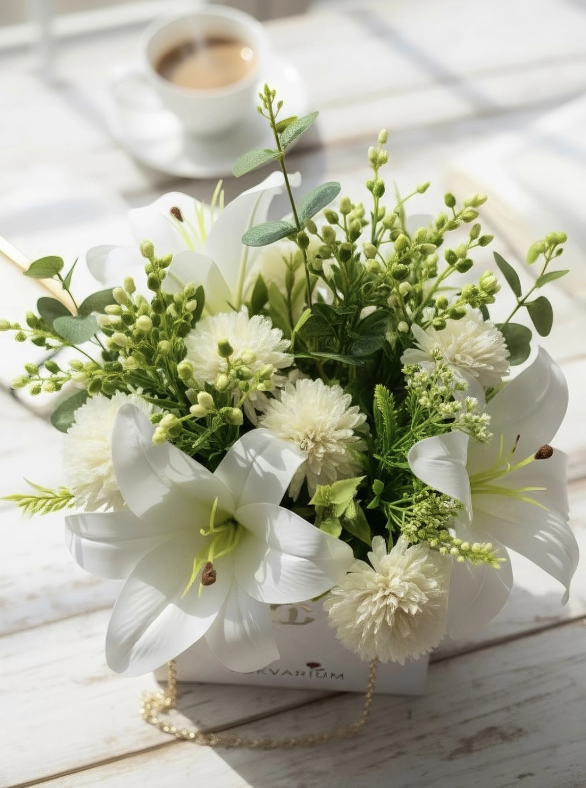 Çantada Beyaz Lilyum Ve Krem Çiçek Aranjmanı