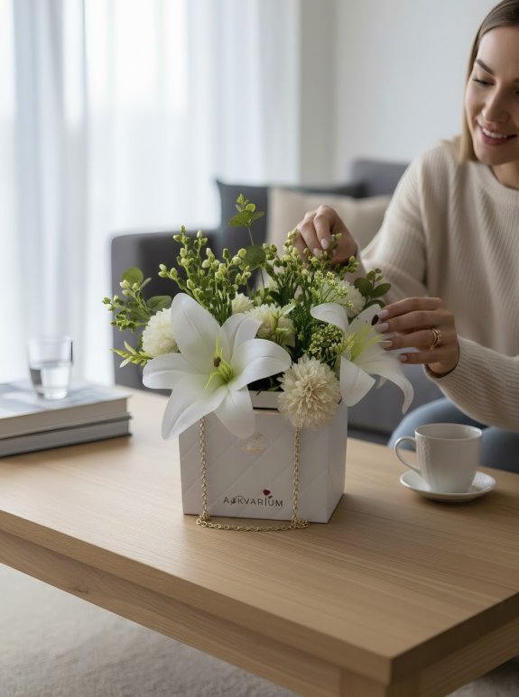 Çantada Beyaz Lilyum Ve Krem Çiçek Aranjmanı