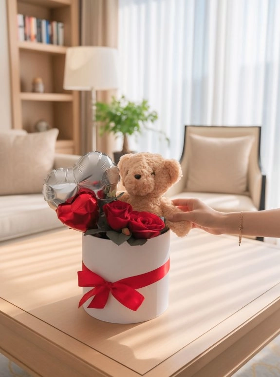 Çift Balonlu Kırmızı Gül Kutusu