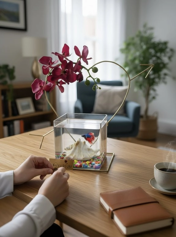 Fuşya Orkideli Oklu Premium Demir Kalp Askvarium