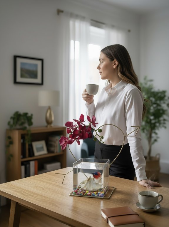 Fuşya Orkideli Oklu Premium Demir Kalp Askvarium