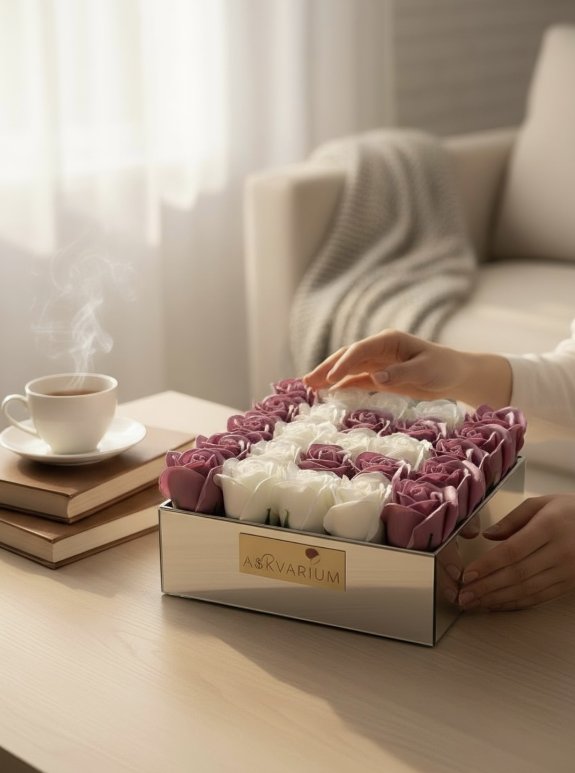 İsme Özel Kokulu Lavanta Ve Beyaz Güller Kutusu