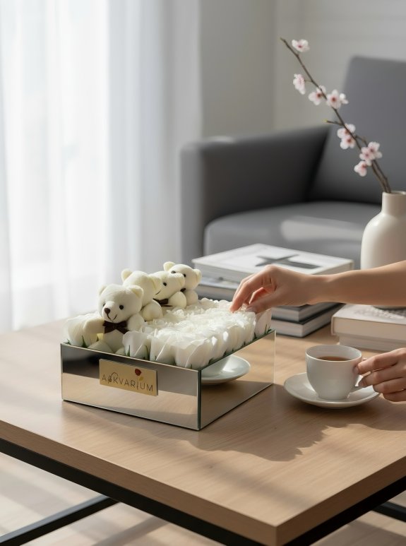 Kokulu Beyaz Gül Ve Peluş Ayıcık Ayna Kutu