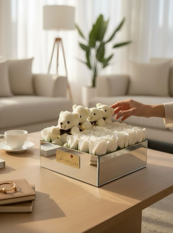 Kokulu Beyaz Gül Ve Peluş Ayıcık Ayna Kutu