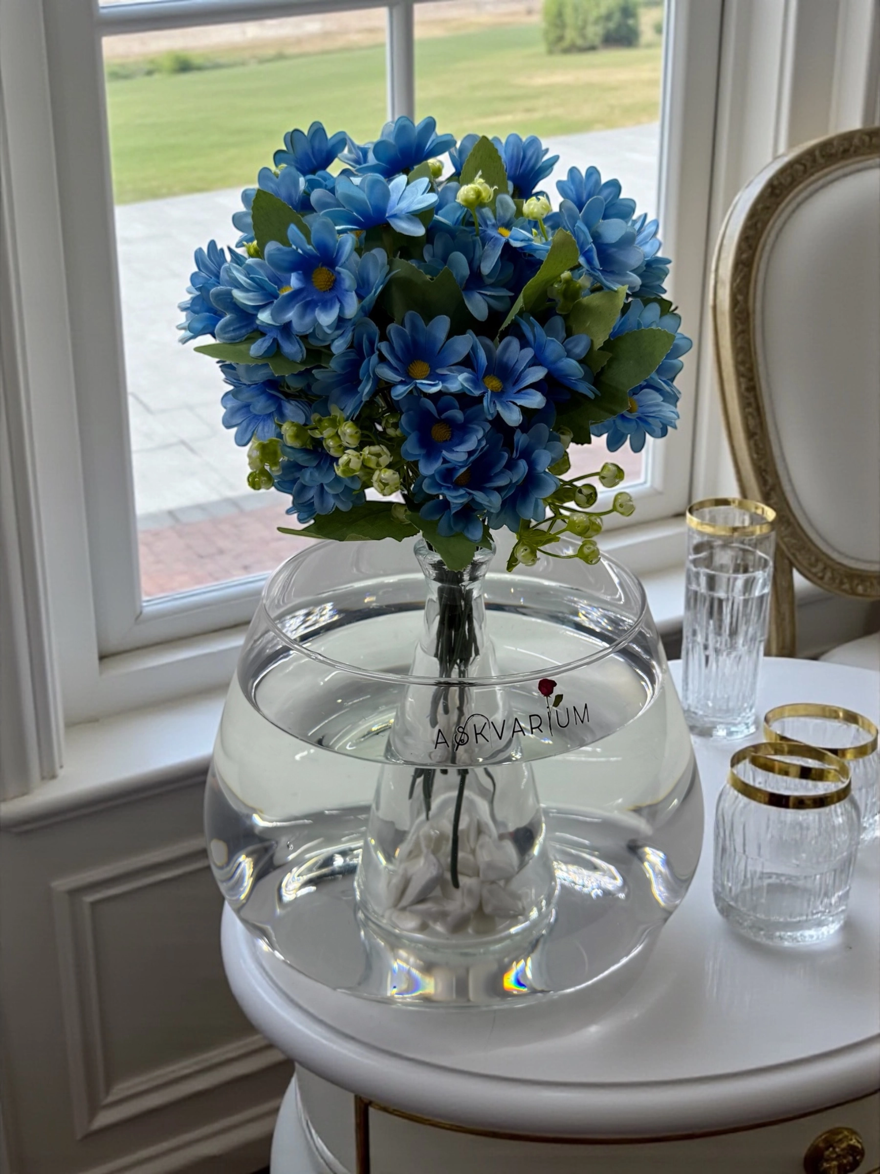 Mavi Daisy Fanus Aranjmanı