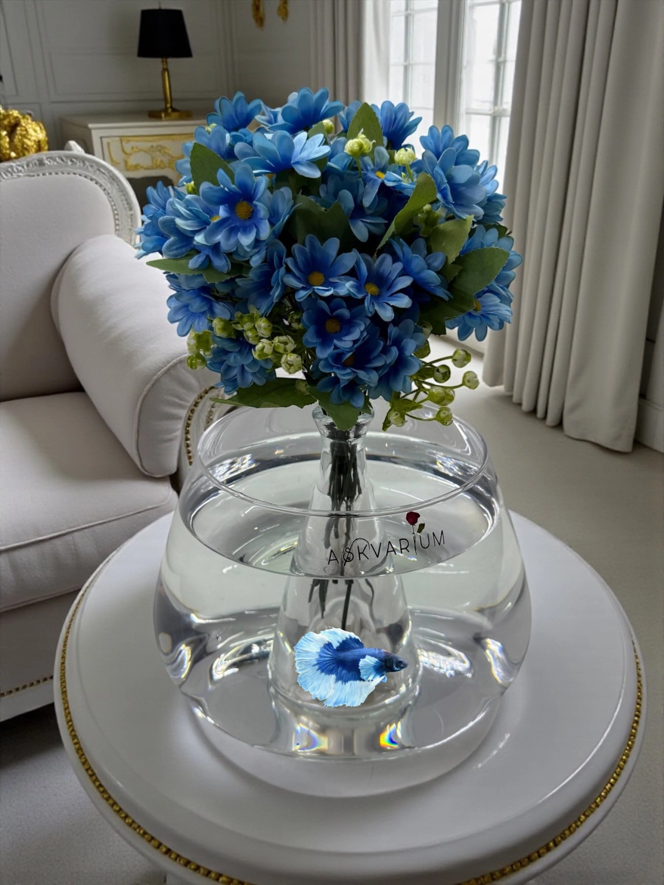 Mavi Daisy Fanus Aranjmanı