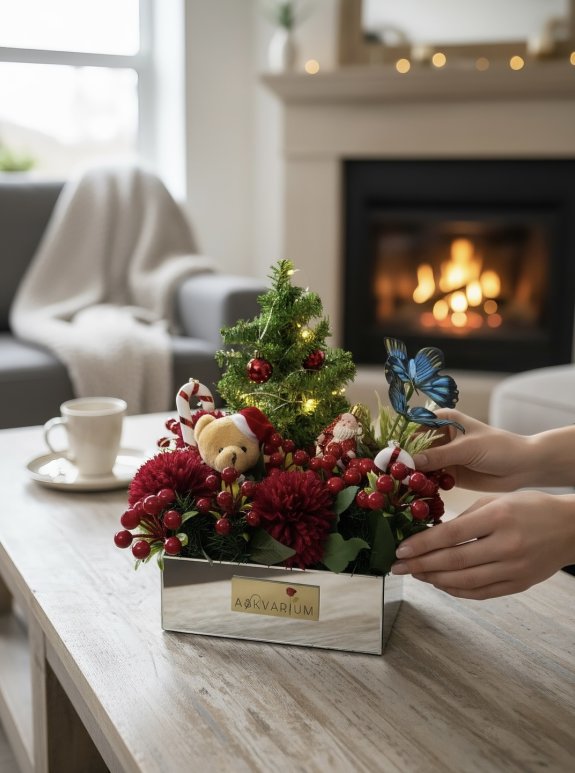 Noel Çam Ağaçlı Mavi Kelebekli Kutu Aranjmanı