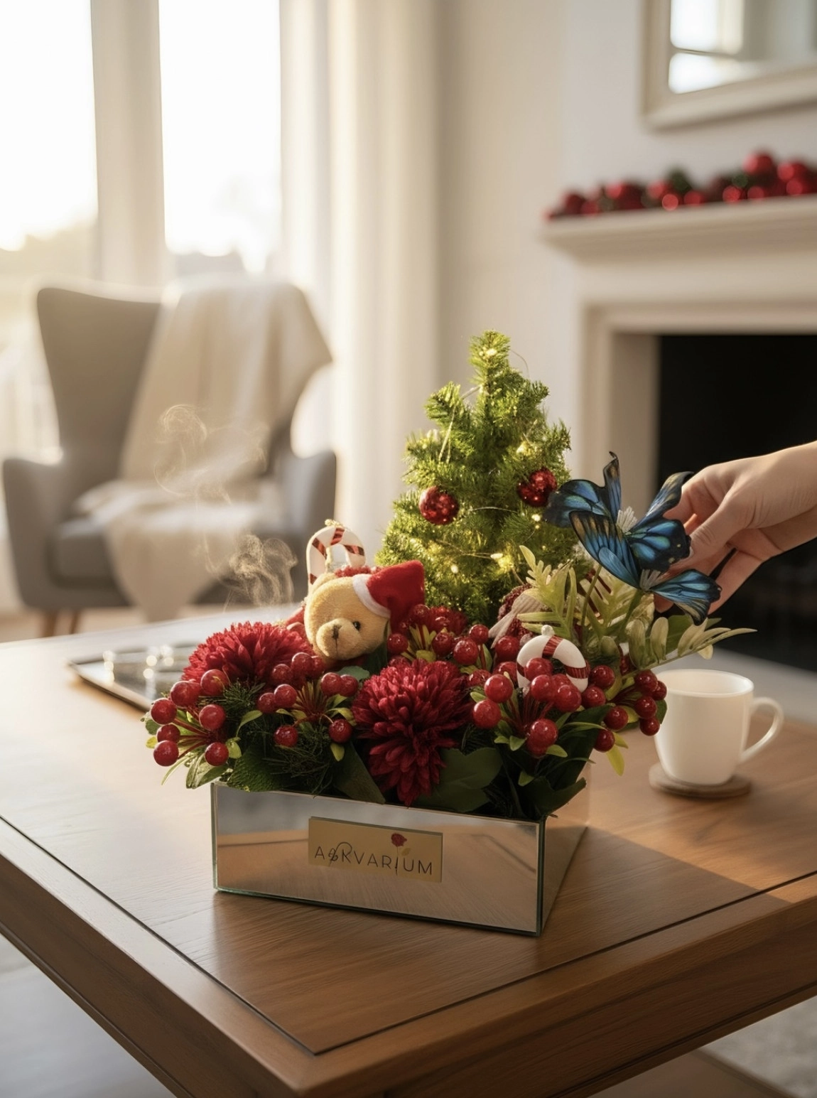 Noel Çam Ağaçlı Mavi Kelebekli Kutu Aranjmanı