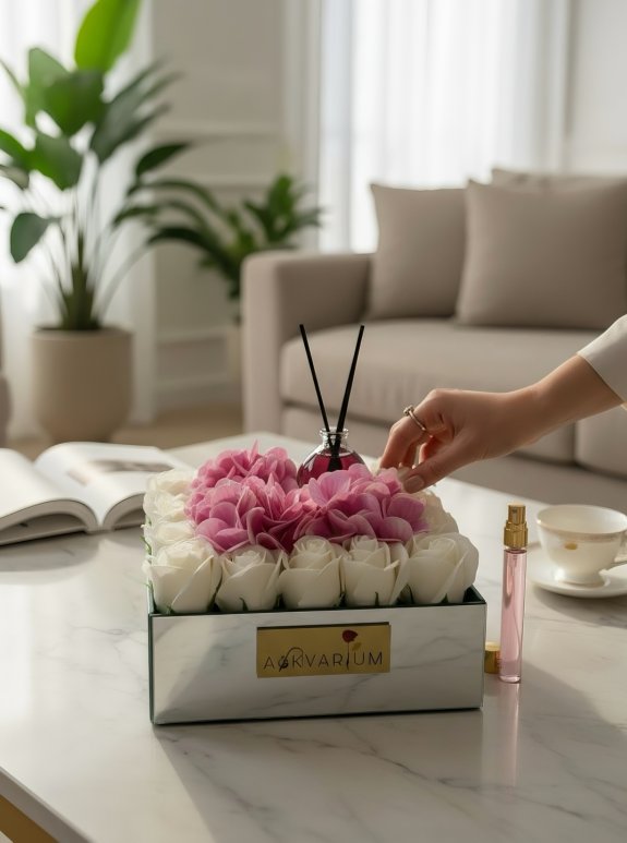 Oda Parfümlü Bozulmayan Beyaz Gül Ve Pembe Ortancalı Aranjman