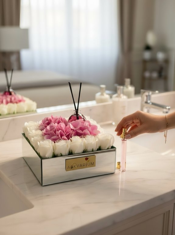 Oda Parfümlü Bozulmayan Beyaz Gül Ve Pembe Ortancalı Aranjman