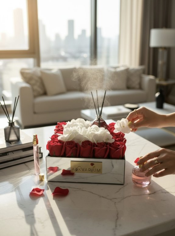 Oda Parfümlü Bozulmayan Kırmızı Gül Ve Ortancalı Aranjman