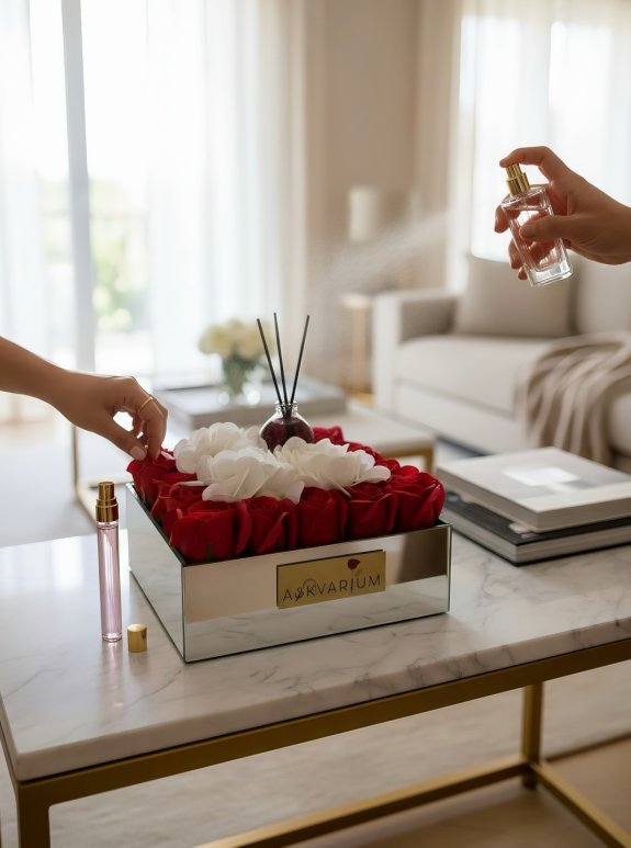 Oda Parfümlü Bozulmayan Kırmızı Gül Ve Ortancalı Aranjman