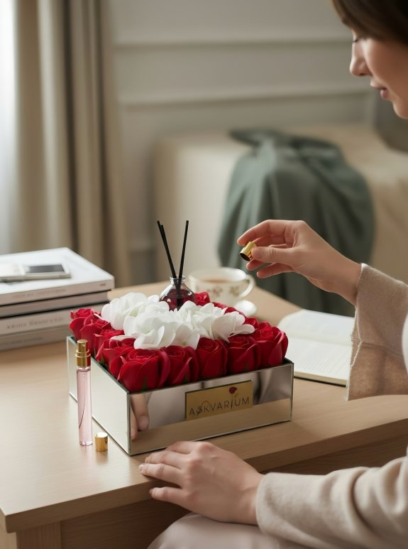 Oda Parfümlü Bozulmayan Kırmızı Gül Ve Ortancalı Aranjman