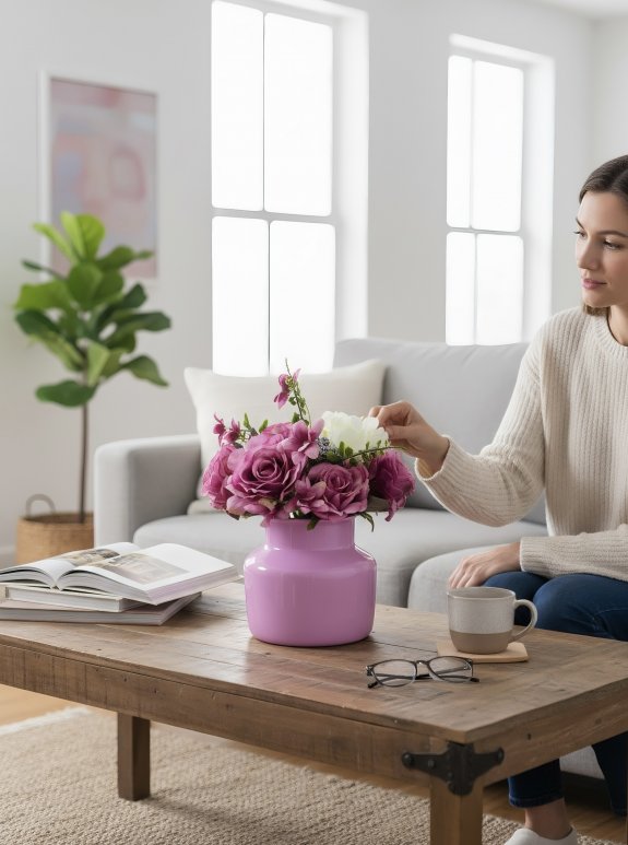 Pembe Cam Vazoda 8 Büyük Bozulmayan Gül Ve Beyaz Ortanca Aranjmanı