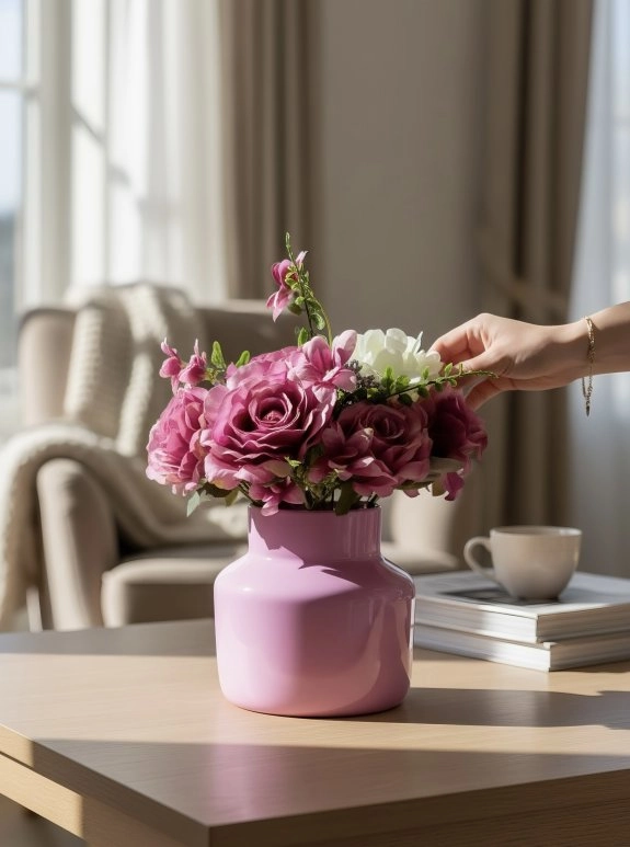 Pembe Cam Vazoda 8 Büyük Bozulmayan Gül Ve Beyaz Ortanca Aranjmanı